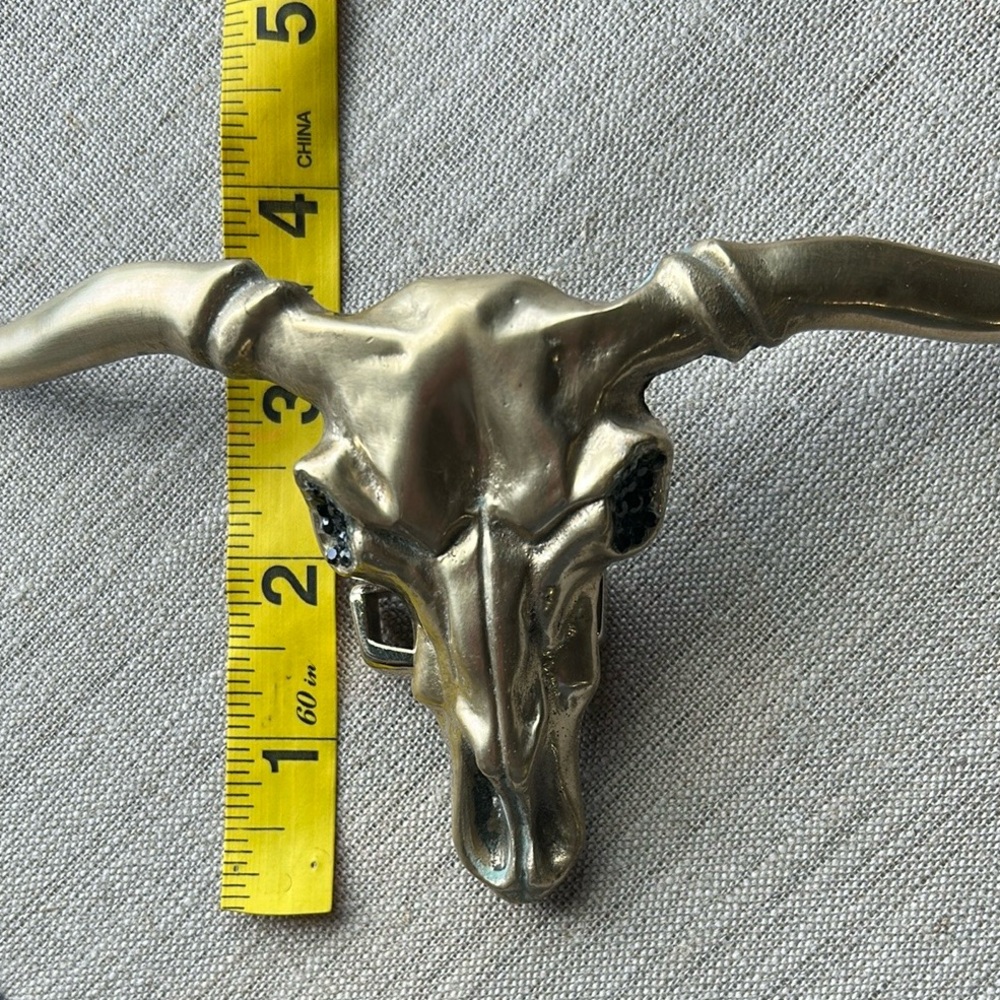 Vintage Longhorn Bull Skull Brass Belt Buckle Black Crystal Eyes - Picture 11 of 13